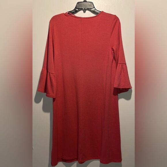 Gap- NWT Knit T-Shirt Dress Ruffled Flutter Bell Sleeves Red Peach- Size M - Picture 2 of 7